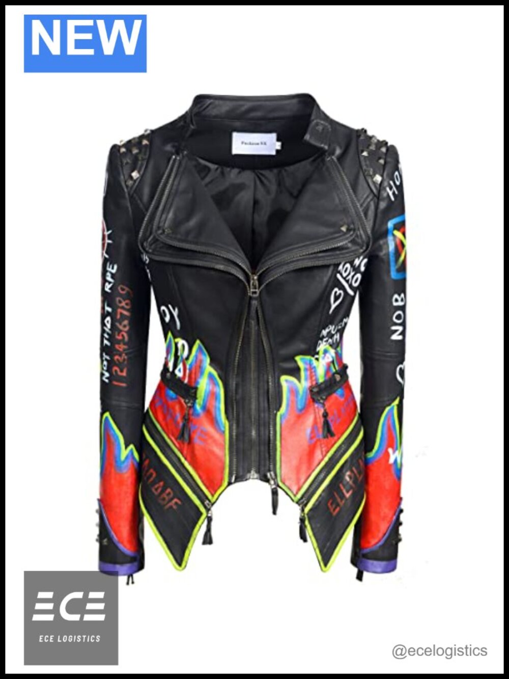 Women's Faux Leather Moto Jacket Studded Graffiti Punk Biker Coat